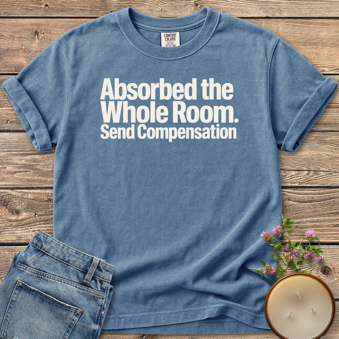 Absorbed the Whole Room t-shirt, Absorbed the Whole Room. Send Compensation in bold type, on a Blue Jean Comfort Colors tee