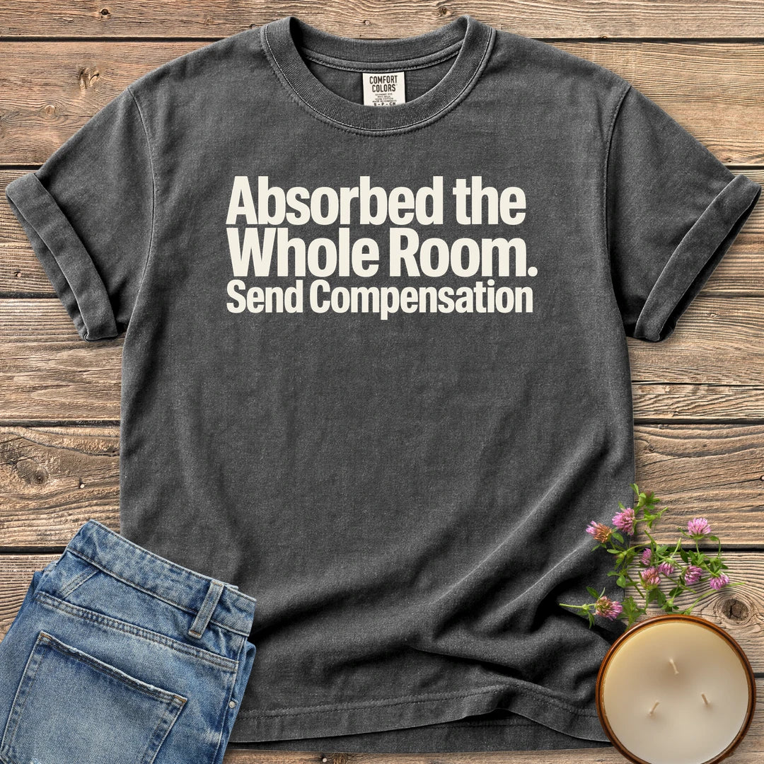 Absorbed the Whole Room t-shirt, Absorbed the Whole Room. Send Compensation in bold type, on a Pepper Comfort Colors tee