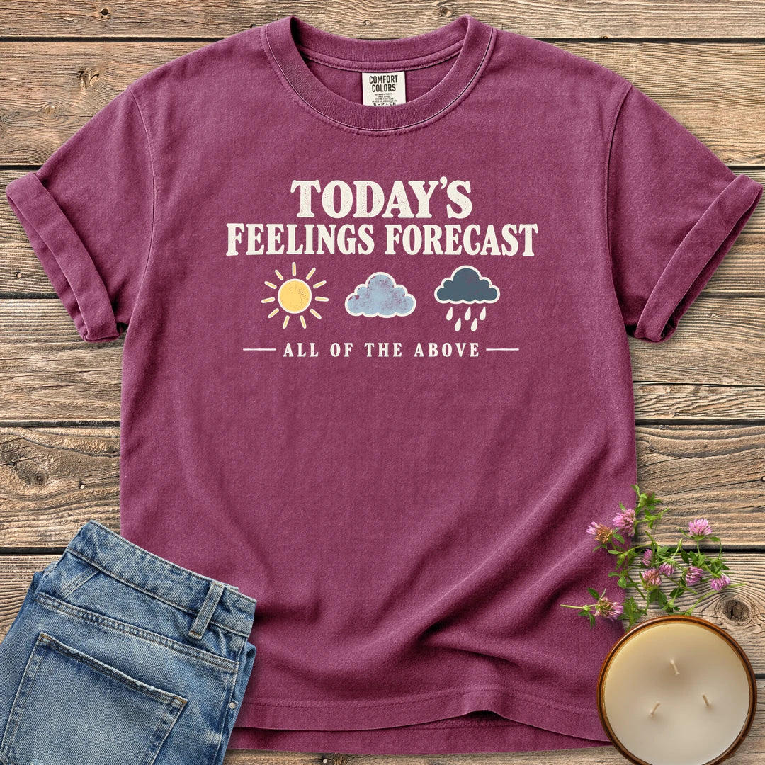 All Of The Above t-shirt, Today's Feelings Forecast with sun, cloud and rain icons over All of the Above, on a Berry Comfort Colors tee