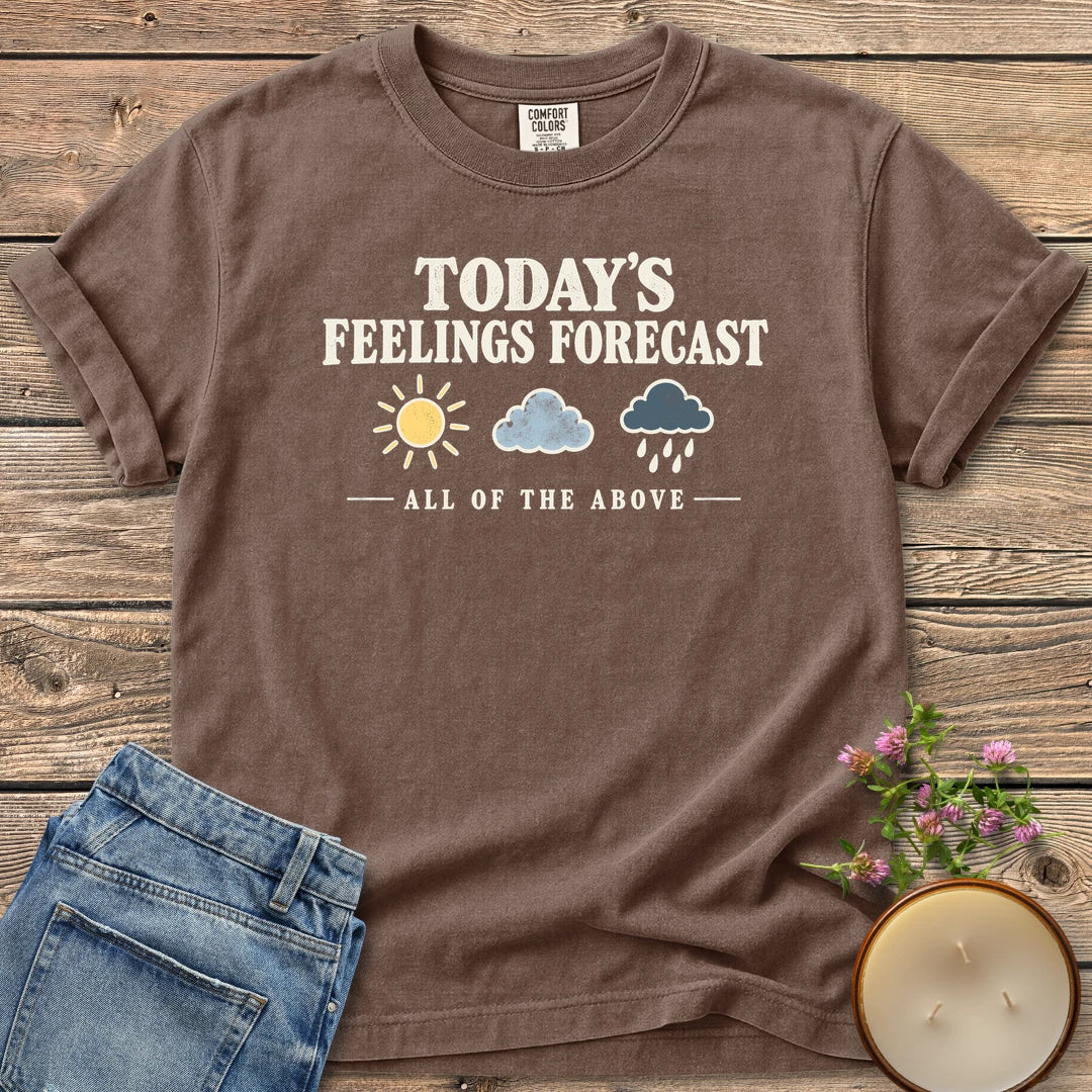 All Of The Above t-shirt, Today's Feelings Forecast with sun, cloud and rain icons over All of the Above, on an Espresso Comfort Colors tee