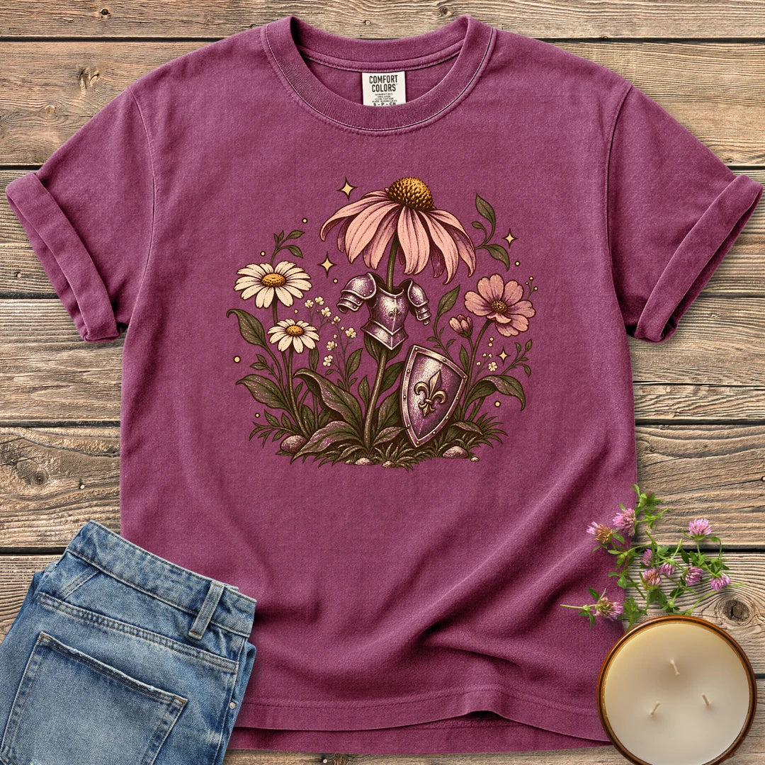Armored Flower Knight t-shirt, pink coneflowers and daisies wearing a knight's armor and shield, on a Berry Comfort Colors tee