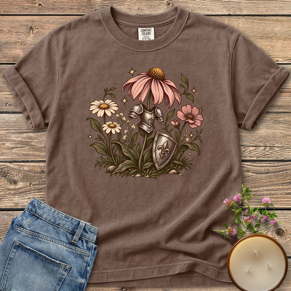 Armored Flower Knight t-shirt, pink coneflowers and daisies wearing a knight's armor and shield, on an Espresso Comfort Colors tee