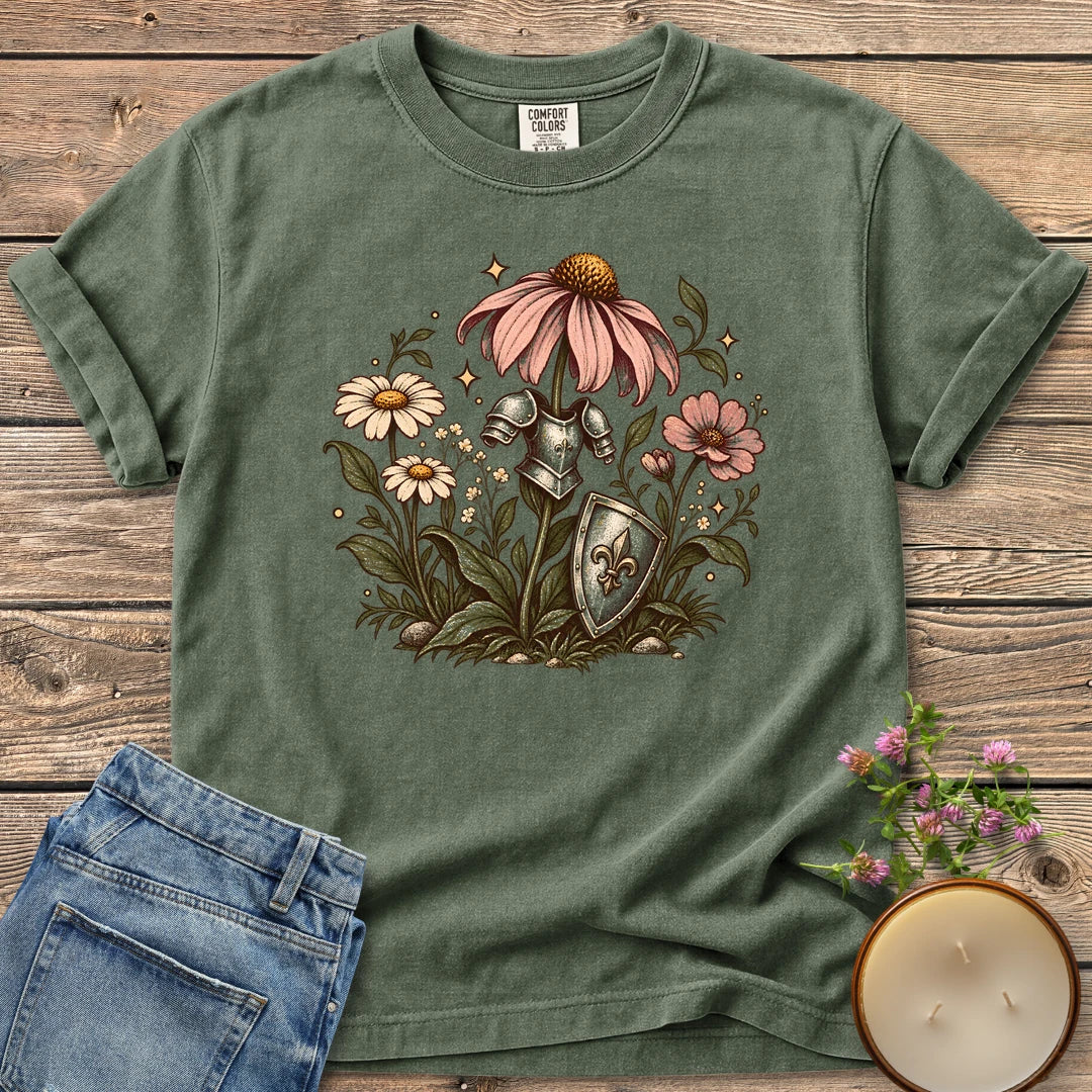 Armored Flower Knight t-shirt, pink coneflowers and daisies wearing a knight's armor and shield, on a Moss Comfort Colors tee