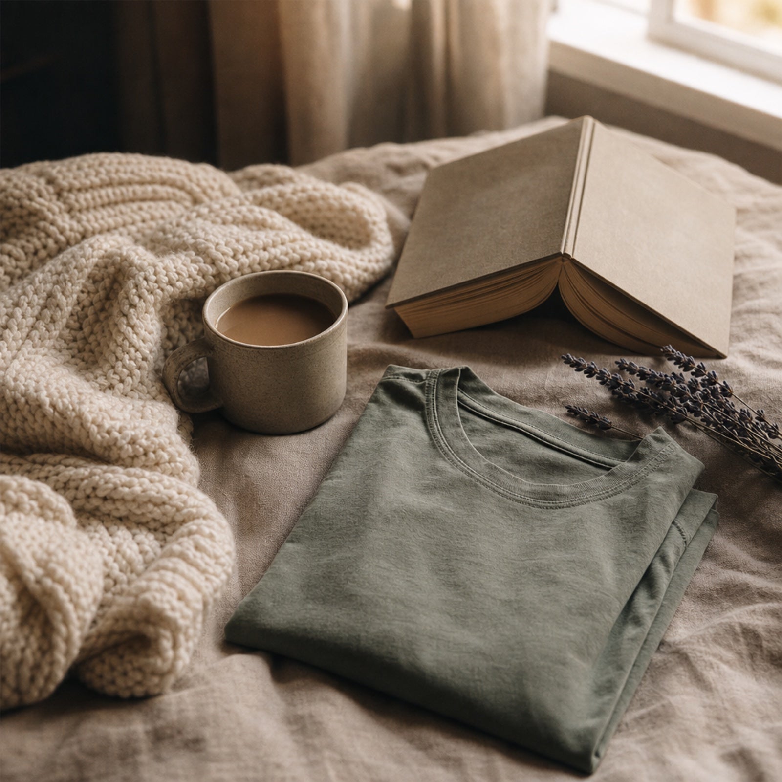 A Real Softie brand highlight — cozy still life with a folded garment-dyed tee, coffee, knit blanket, and lavender