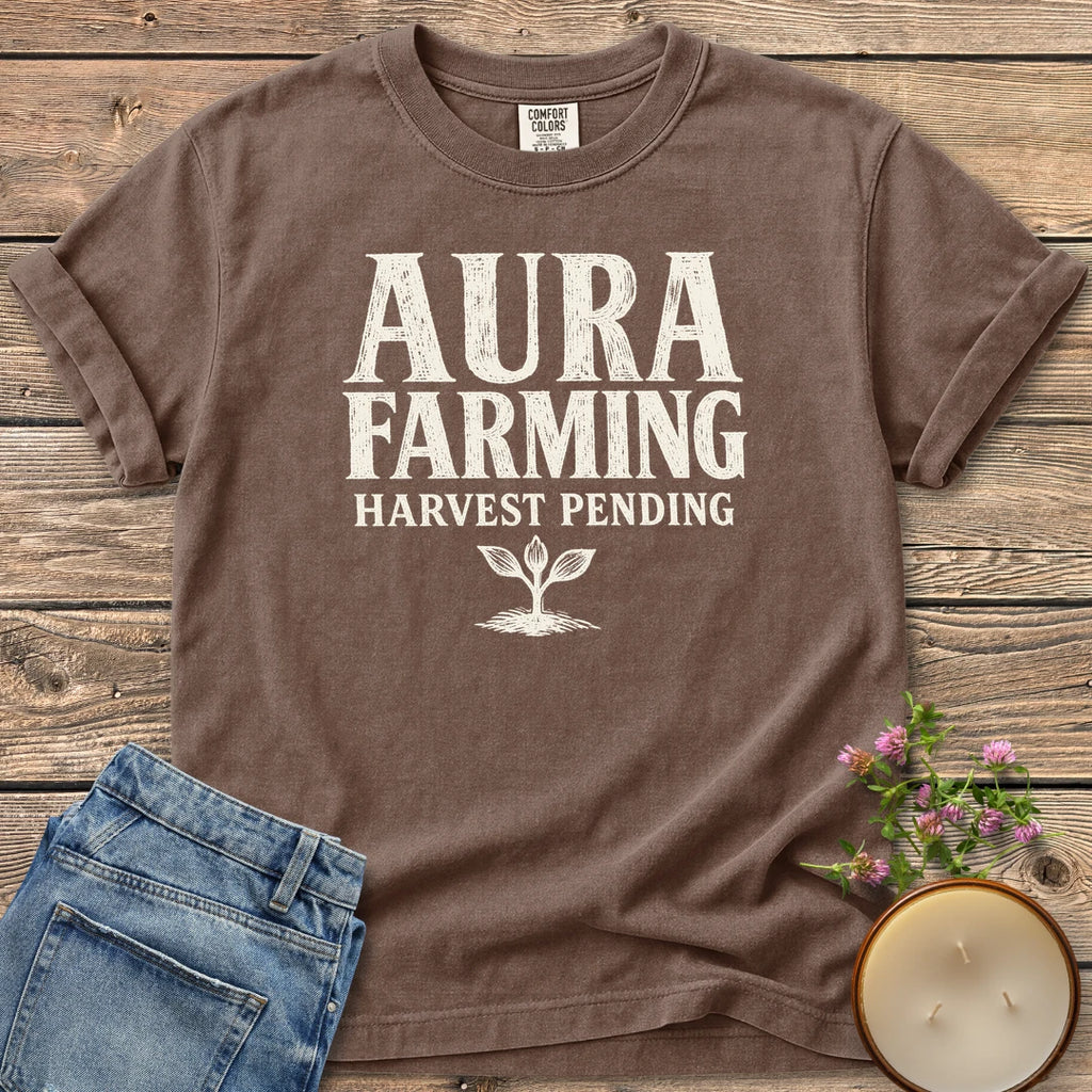 Aura Farming Harvest Pending t-shirt, Aura Farming in woodcut letters with Harvest Pending and a small sprout, on an Espresso Comfort Colors tee