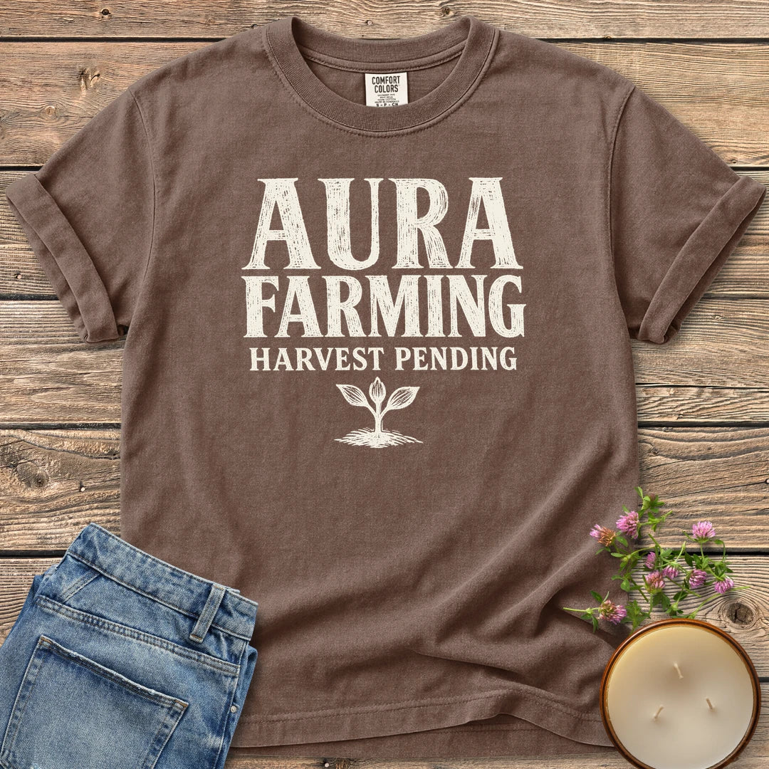 Aura Farming Harvest Pending t-shirt, Aura Farming in woodcut letters with Harvest Pending and a small sprout, on an Espresso Comfort Colors tee