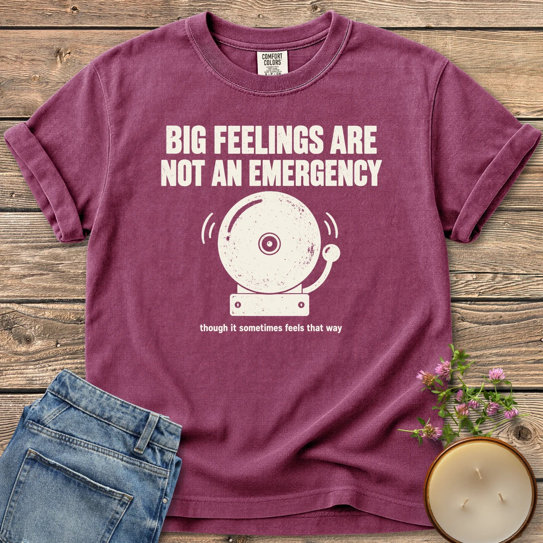 Big Feelings Not An Emergency t-shirt, Big Feelings Are Not An Emergency above a ringing alarm bell, on a Berry Comfort Colors tee