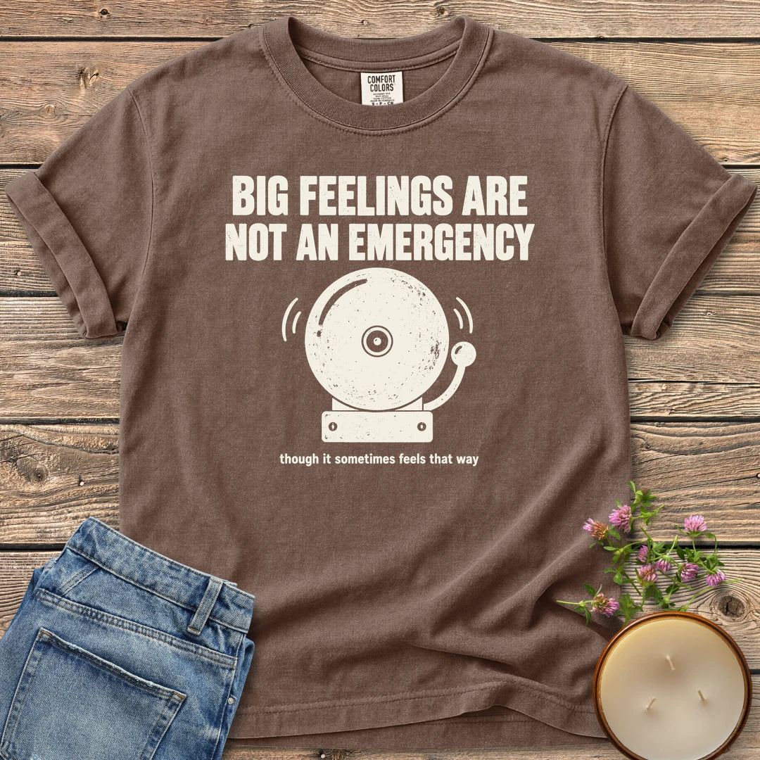 Big Feelings Not An Emergency t-shirt, Big Feelings Are Not An Emergency above a ringing alarm bell, on an Espresso Comfort Colors tee