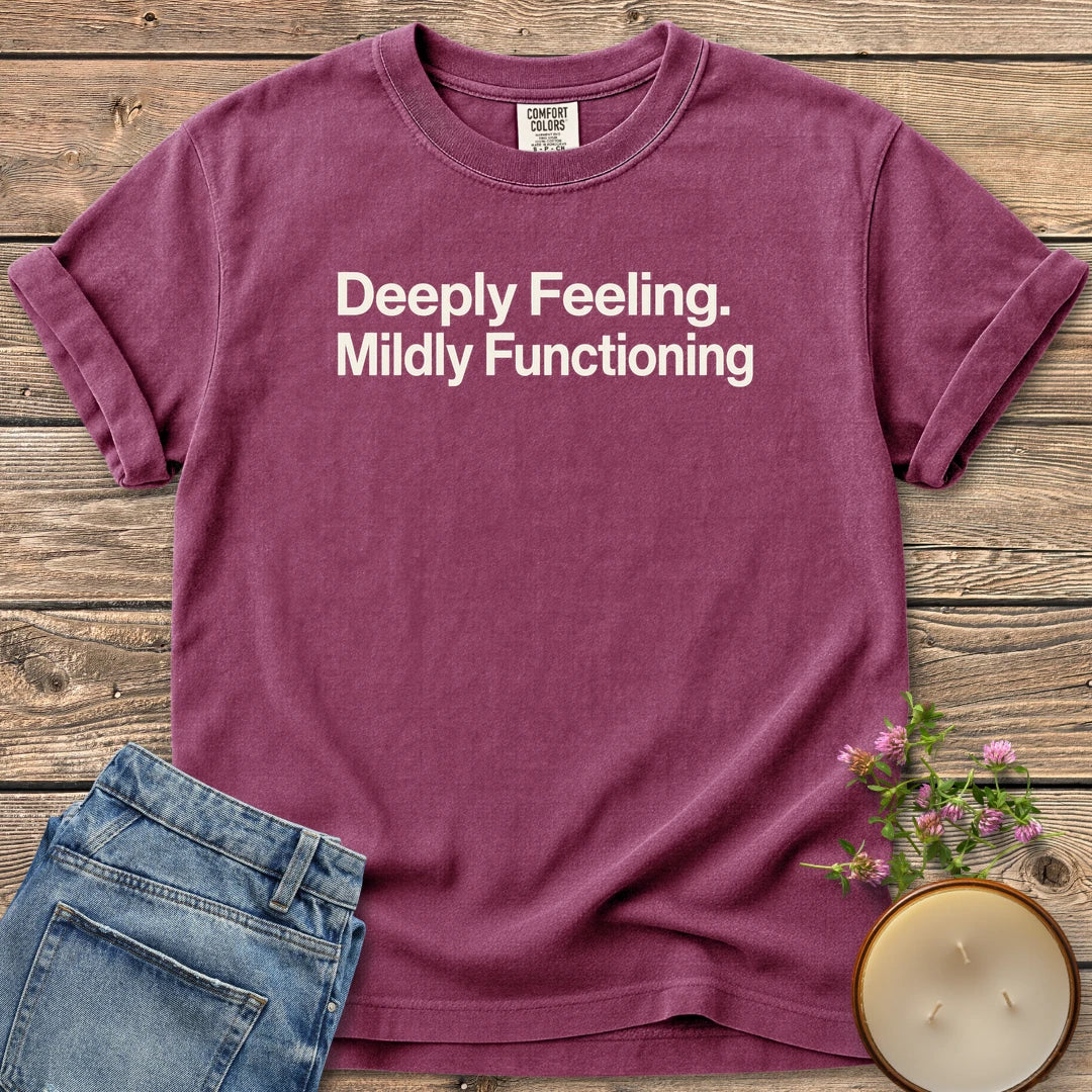 Deeply Feeling Mildly Functioning t-shirt, Deeply Feeling. Mildly Functioning. in bold sans type, on a Berry Comfort Colors tee
