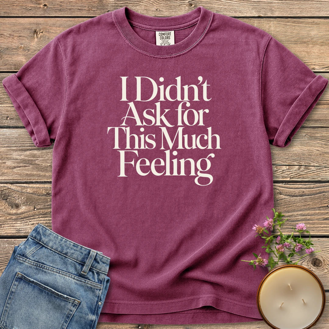 Didn't Ask for This t-shirt, I Didn't Ask for This Much Feeling in large serif type, on a Berry Comfort Colors tee