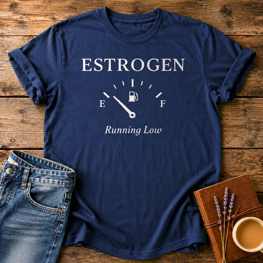 Estrogen Running Low — Navy garment-dyed tee
