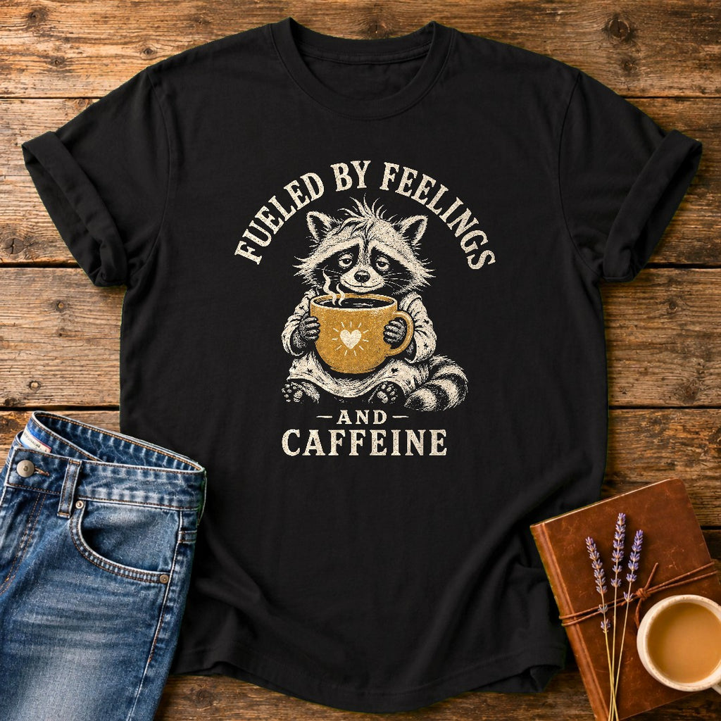 Fueled By Feelings & Caffeine — Black garment-dyed tee