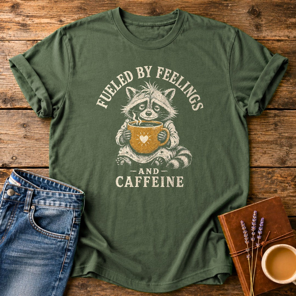 Fueled By Feelings & Caffeine — Moss garment-dyed tee