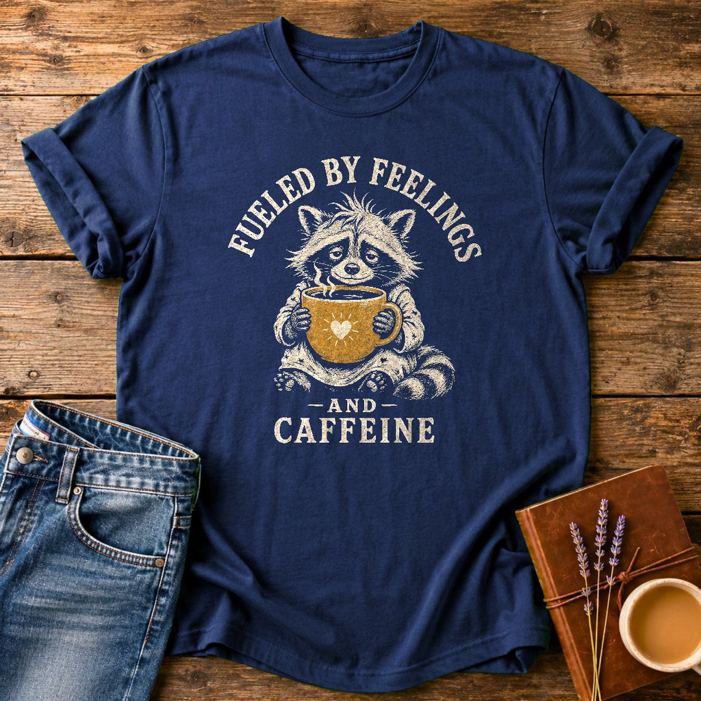 Fueled By Feelings & Caffeine — Navy garment-dyed tee