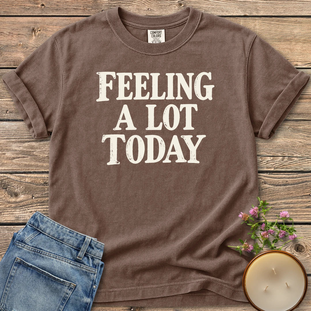Feeling A Lot Today t-shirt, Feeling A Lot Today in distressed vintage type, on an Espresso Comfort Colors tee