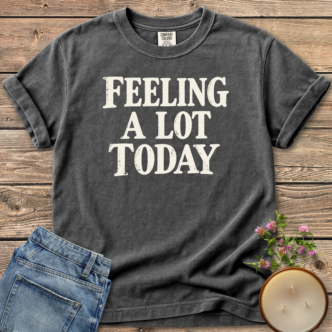 Feeling A Lot Today t-shirt, Feeling A Lot Today in distressed vintage type, on a Pepper Comfort Colors tee