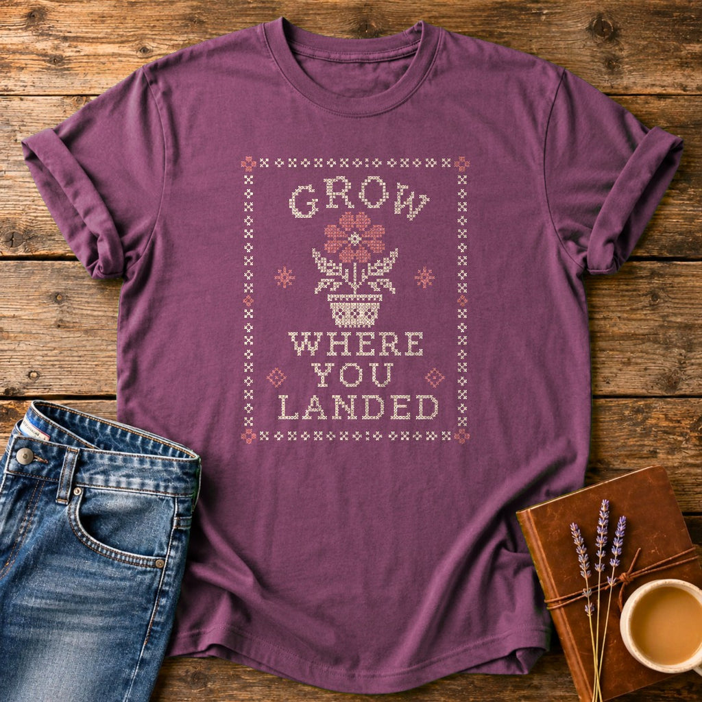 Grow Where You Landed — Berry garment-dyed tee