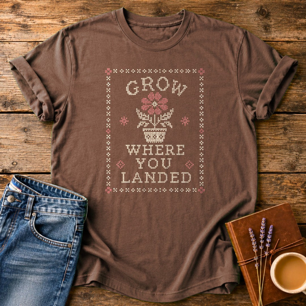 Grow Where You Landed — Espresso garment-dyed tee
