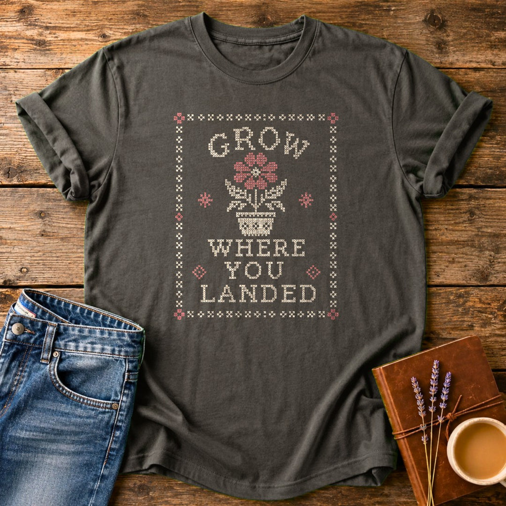 Grow Where You Landed — Pepper garment-dyed tee