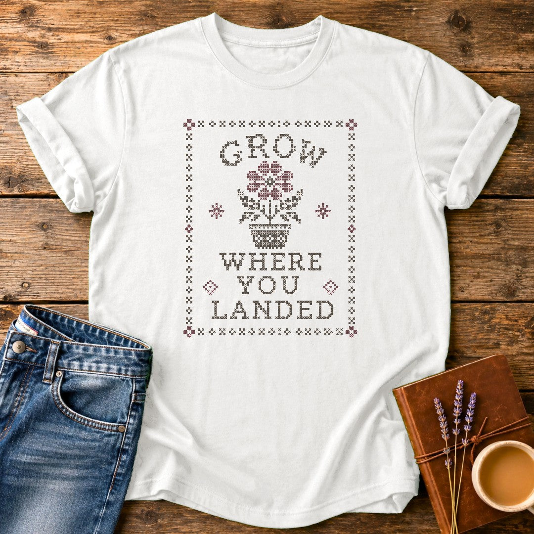 Grow Where You Landed — White garment-dyed tee