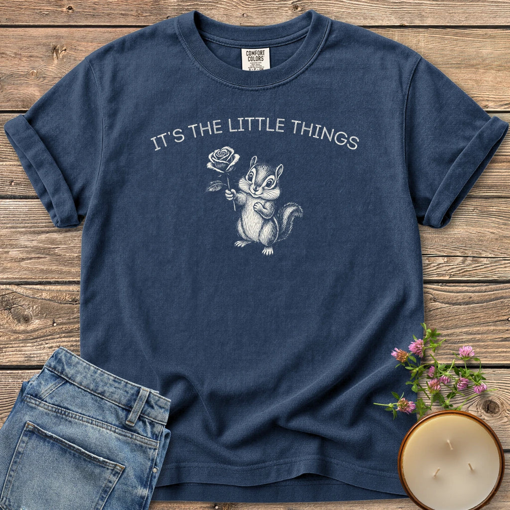 It's the Little Things t-shirt, a chipmunk holding a rose under It's The Little Things, on a Navy Comfort Colors tee