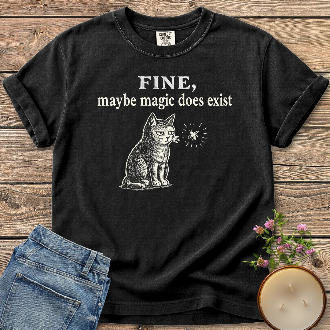 Maybe Magic Does Exist t-shirt, a grumpy cat watching a firefly under Fine, maybe magic does exist, on a Black Comfort Colors tee