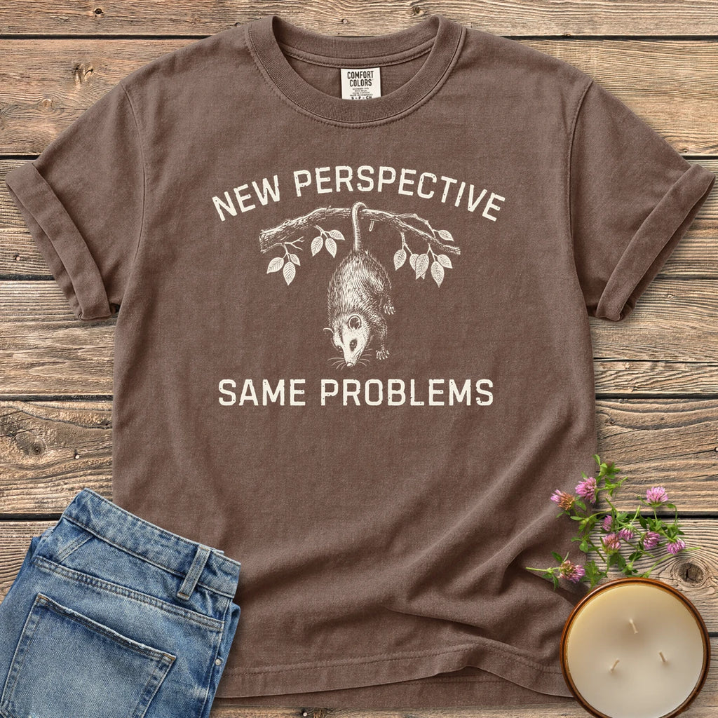 New Perspective Same Problems t-shirt, a possum hanging upside down from a branch between New Perspective and Same Problems, on an Espresso Comfort Colors tee