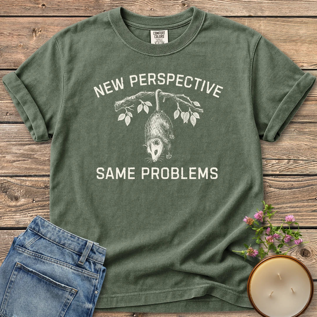 New Perspective Same Problems t-shirt, a possum hanging upside down from a branch between New Perspective and Same Problems, on a Moss Comfort Colors tee