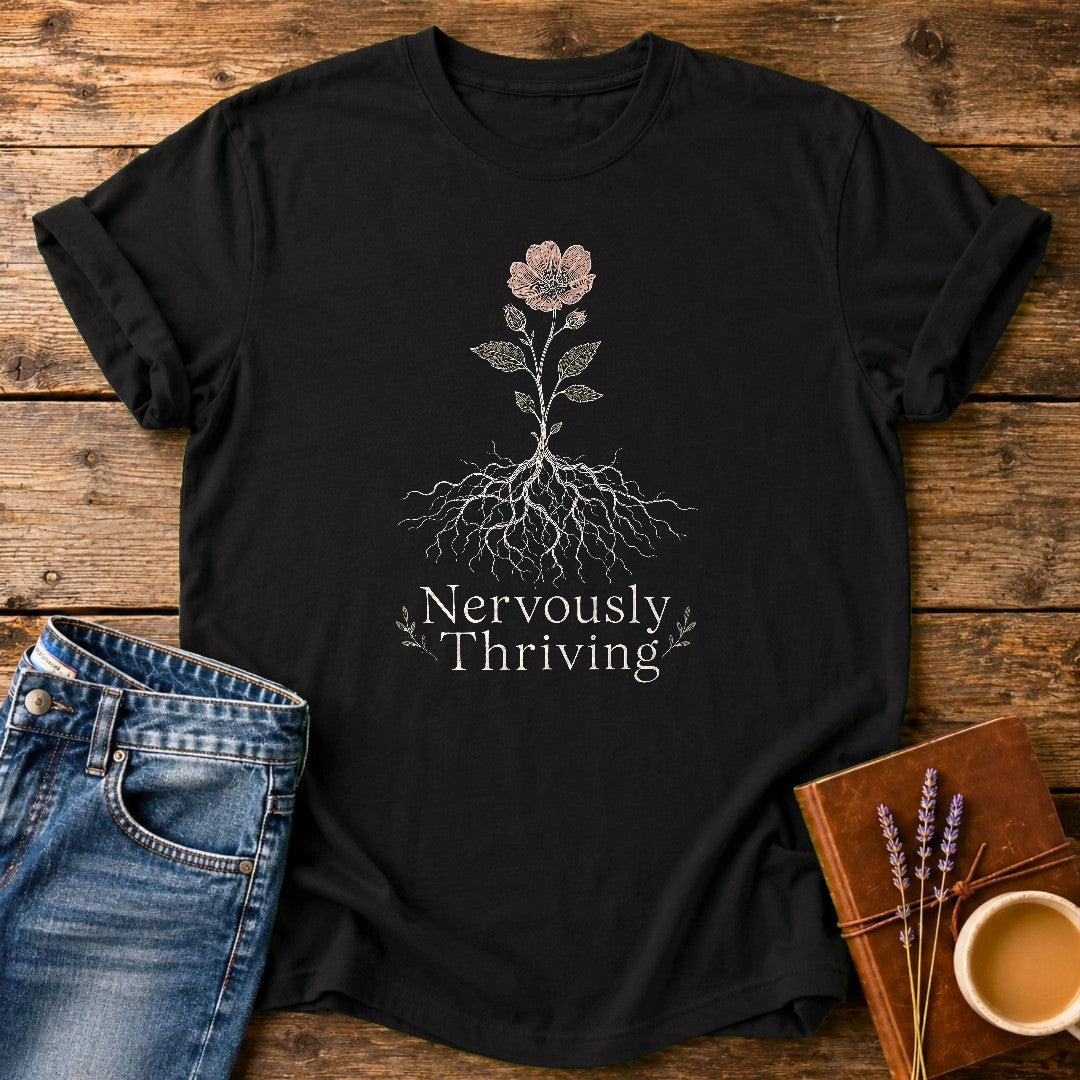 Nervously Thriving — Black garment-dyed tee