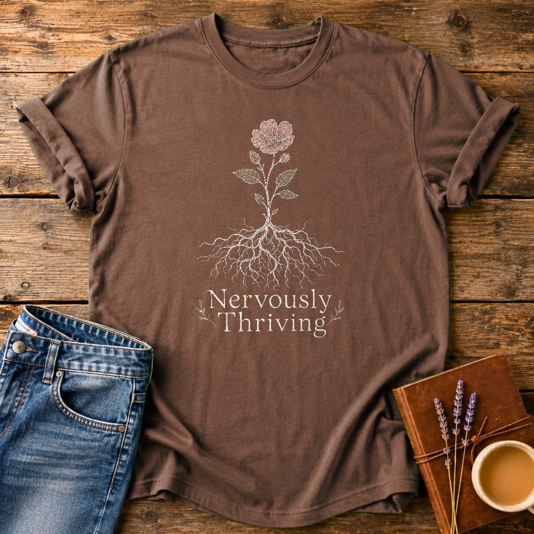 Nervously Thriving — Espresso garment-dyed tee