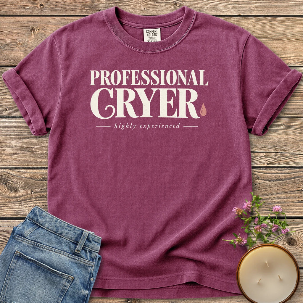 Professional Cryer t-shirt, Professional Cryer in vintage type with a teardrop and highly experienced, on a Berry Comfort Colors tee