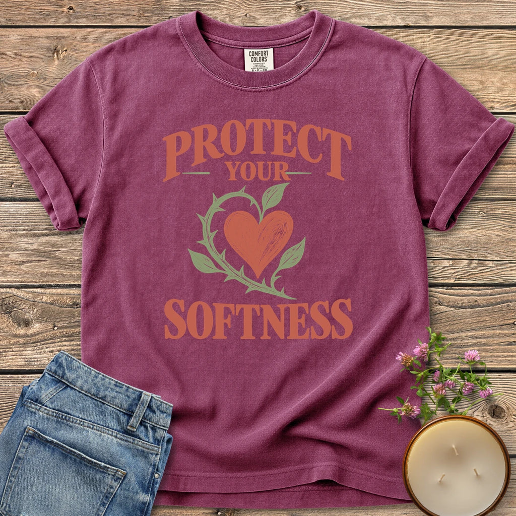 Protect Your Softness t-shirt, Protect Your Softness with a heart wrapped in a thorny green vine, on a Berry Comfort Colors tee