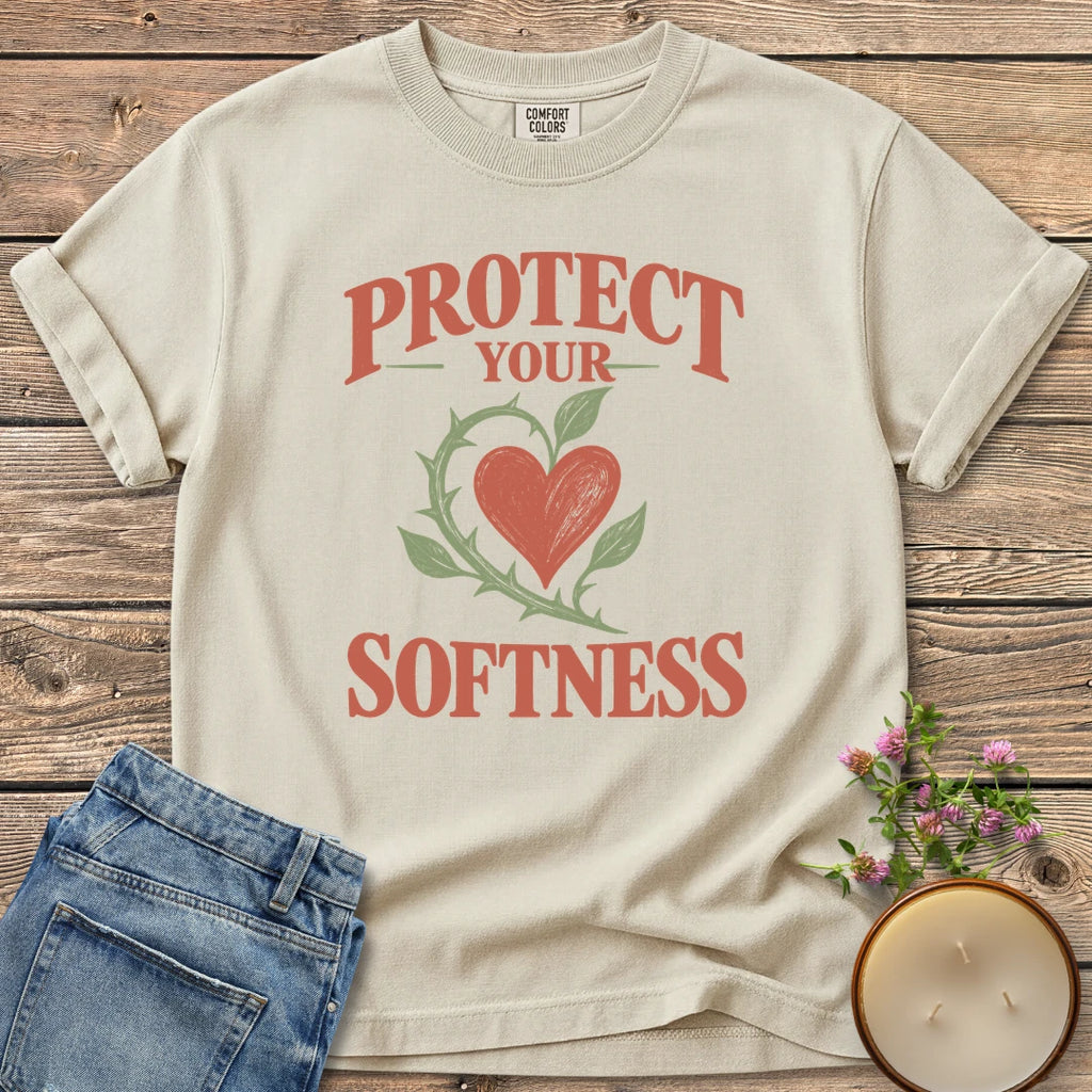 Protect Your Softness t-shirt, Protect Your Softness with a heart wrapped in a thorny green vine, on an Ivory Comfort Colors tee