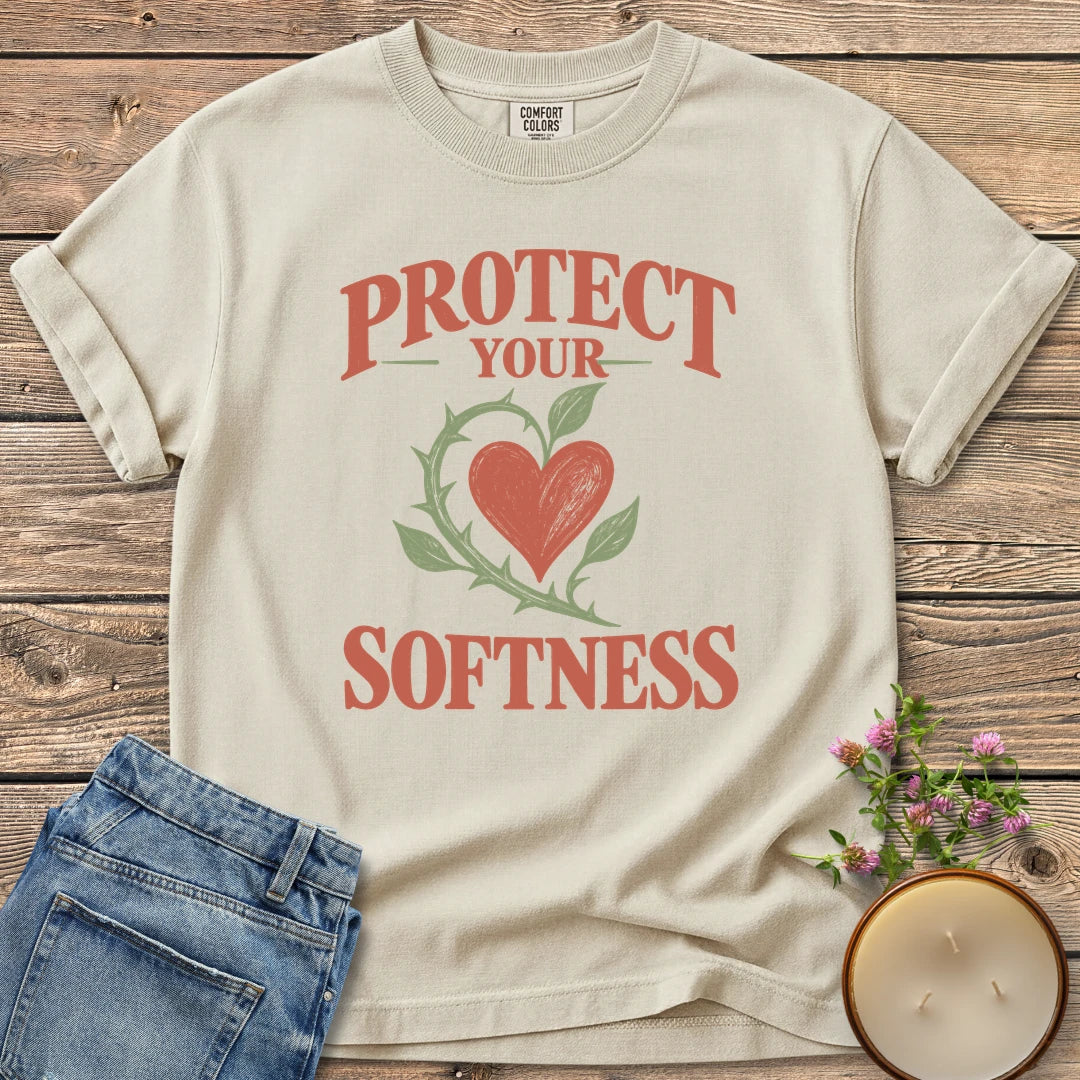 Protect Your Softness t-shirt, Protect Your Softness with a heart wrapped in a thorny green vine, on an Ivory Comfort Colors tee