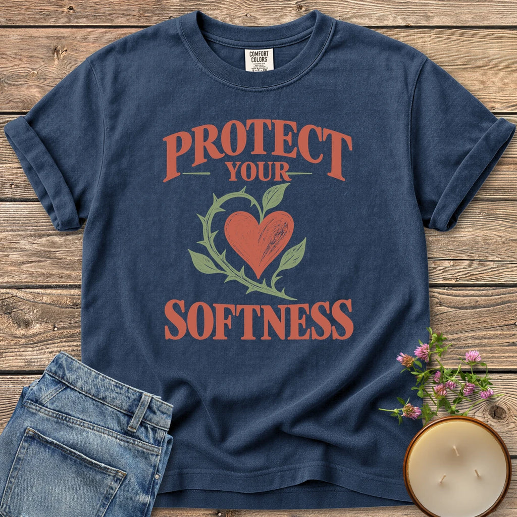 Protect Your Softness t-shirt, Protect Your Softness with a heart wrapped in a thorny green vine, on a Navy Comfort Colors tee
