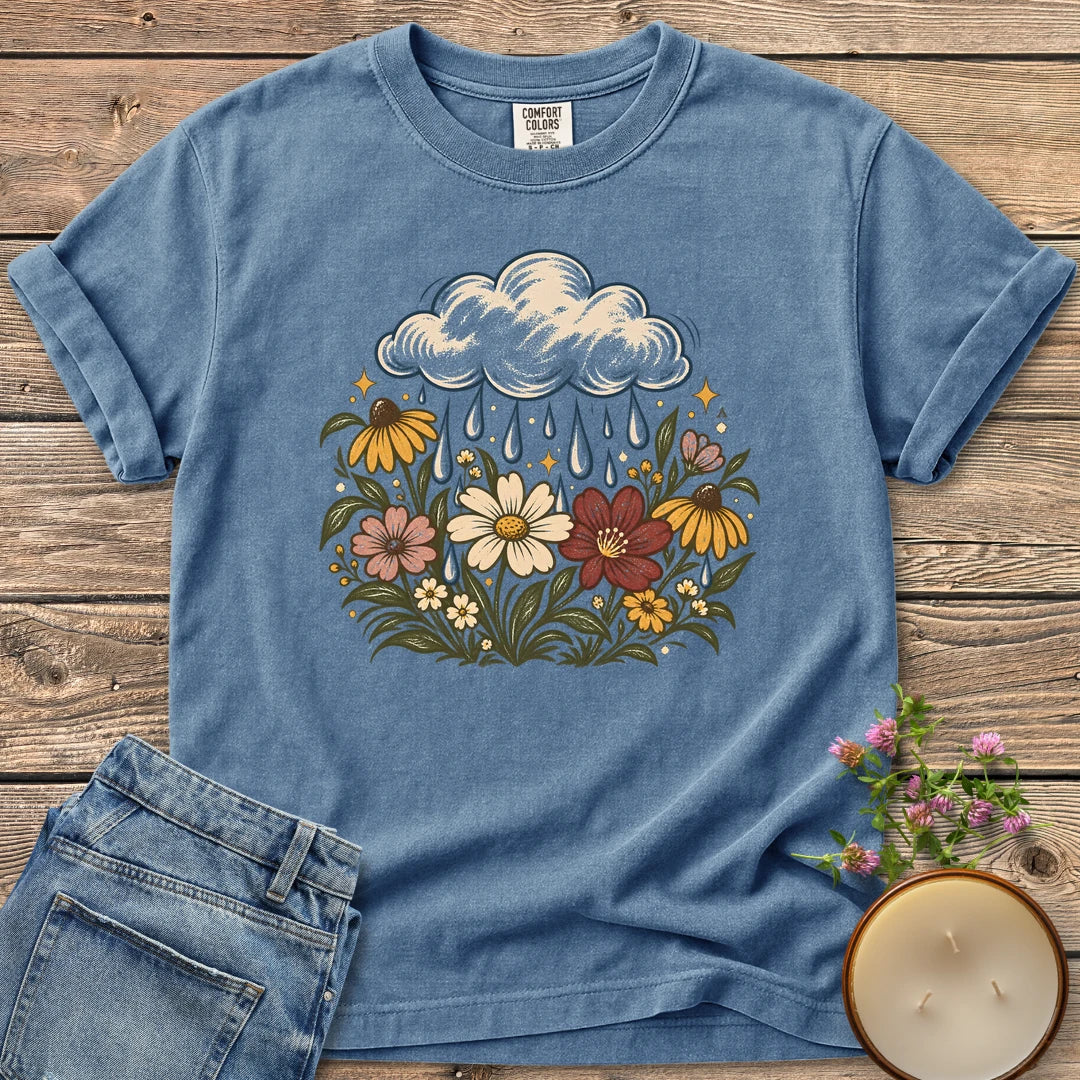 Rain Cloud Wildflower Meadow t-shirt, a rain cloud watering a colorful wildflower meadow, on a Blue Jean Comfort Colors tee