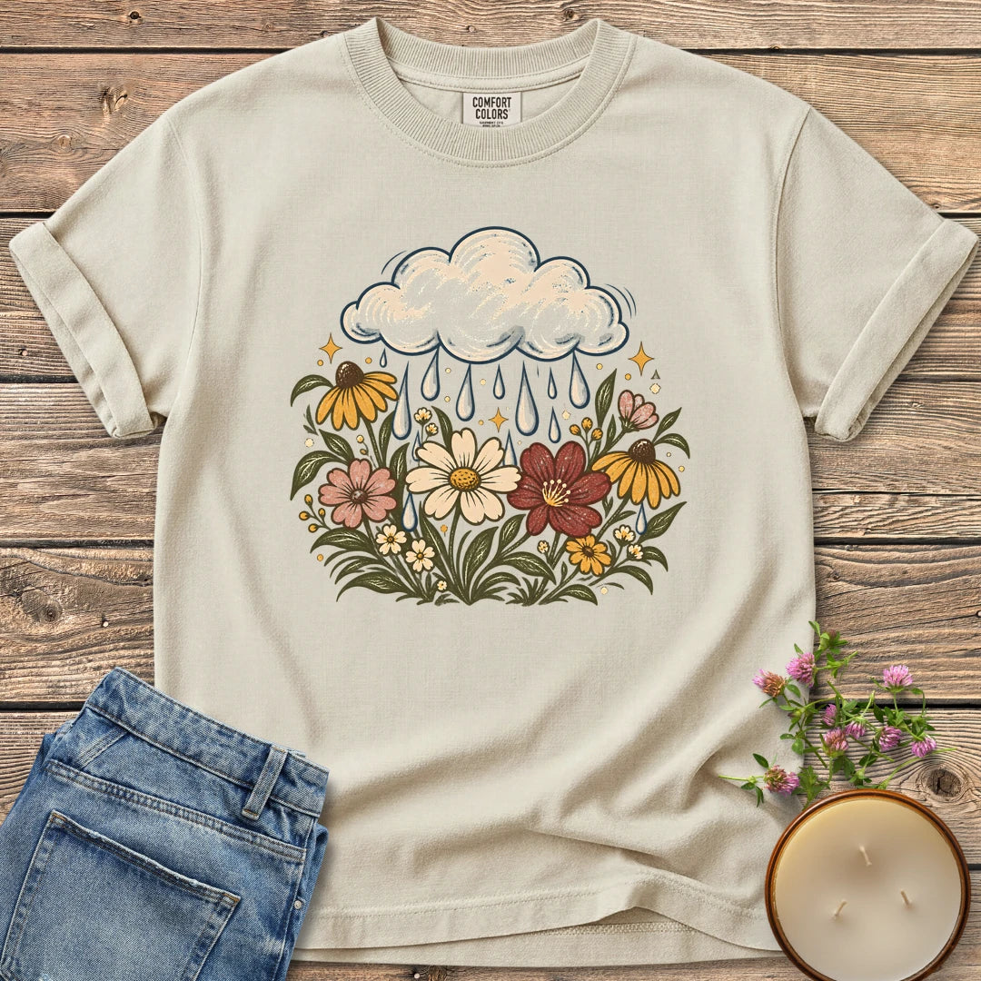 Rain Cloud Wildflower Meadow t-shirt, a rain cloud watering a colorful wildflower meadow, on an Ivory Comfort Colors tee