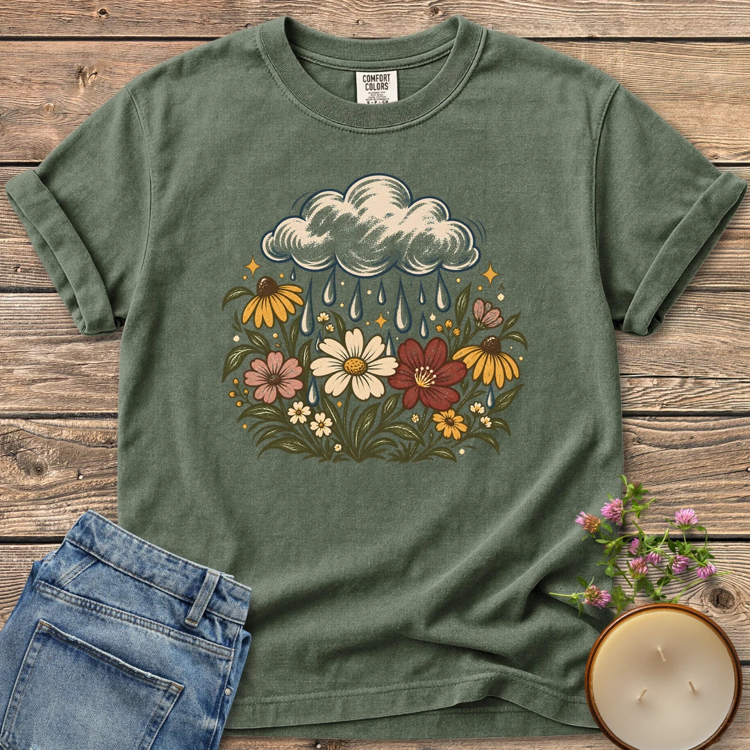 Rain Cloud Wildflower Meadow t-shirt, a rain cloud watering a colorful wildflower meadow, on a Moss Comfort Colors tee