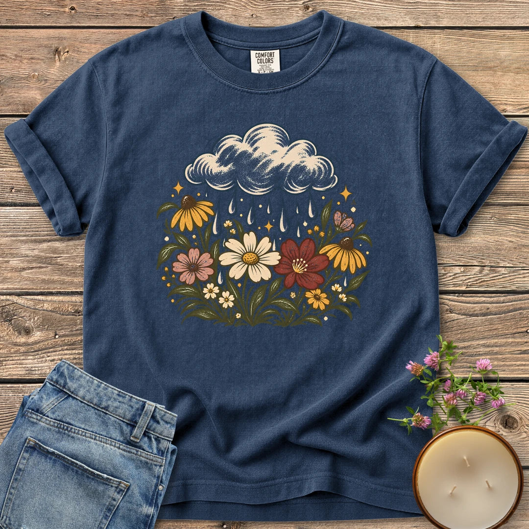Rain Cloud Wildflower Meadow t-shirt, a rain cloud watering a colorful wildflower meadow, on a Navy Comfort Colors tee