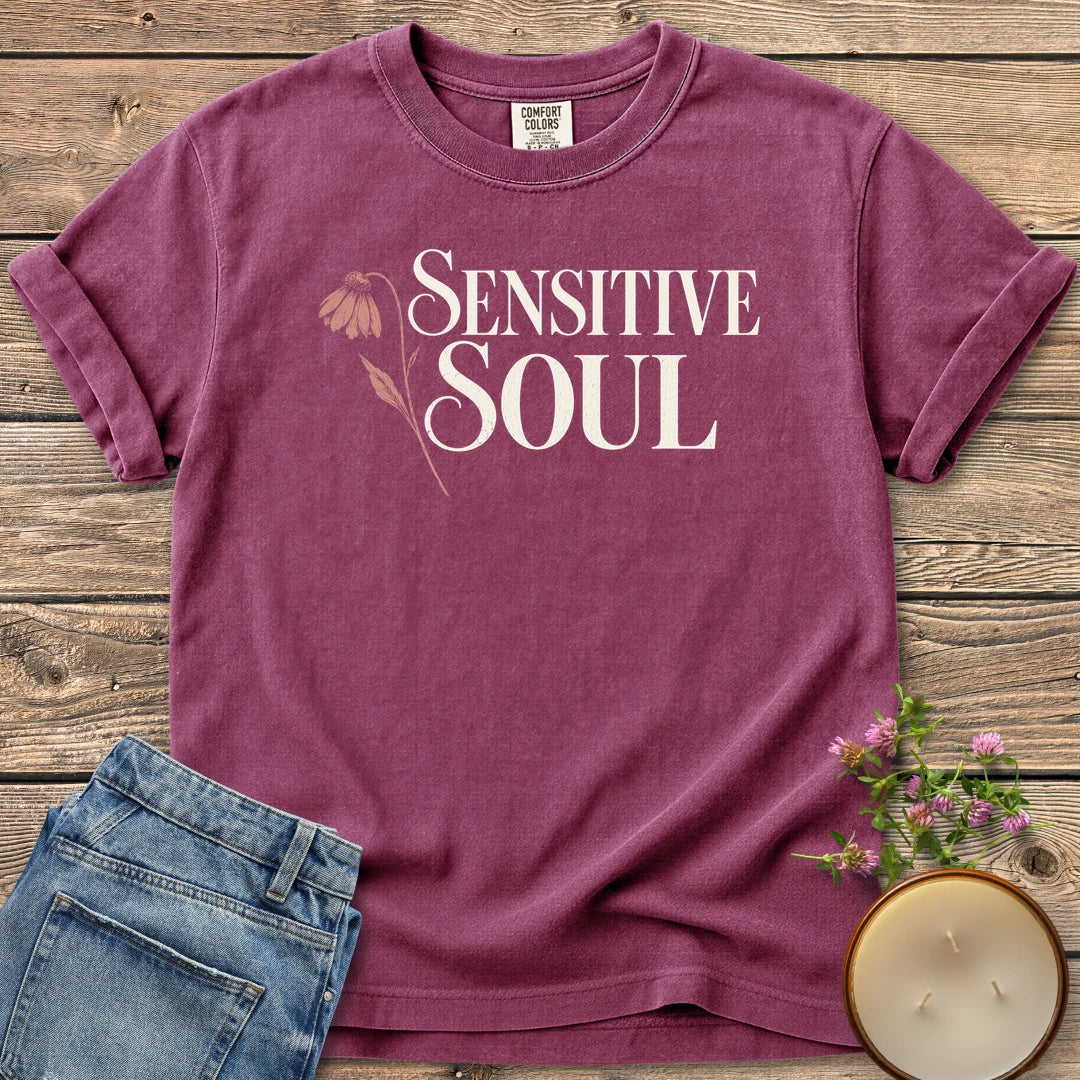 Sensitive Soul t-shirt, Sensitive Soul in elegant serif type with a drooping pink coneflower, on a Berry Comfort Colors tee