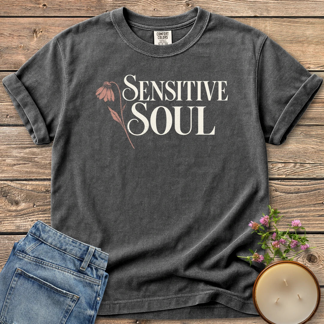 Sensitive Soul t-shirt, Sensitive Soul in elegant serif type with a drooping pink coneflower, on a Pepper Comfort Colors tee