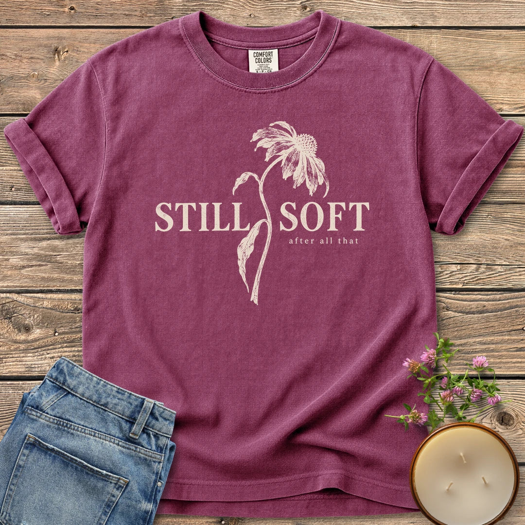 Soft After All That Botanical t-shirt, Still Soft after all that with a drooping coneflower stem, on a Berry Comfort Colors tee