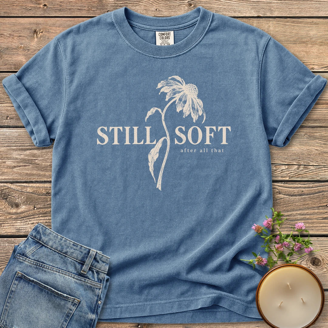 Soft After All That Botanical t-shirt, Still Soft after all that with a drooping coneflower stem, on a Blue Jean Comfort Colors tee