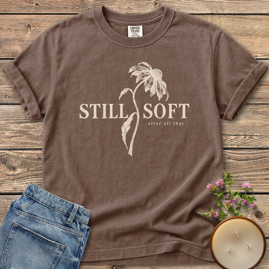 Soft After All That Botanical t-shirt, Still Soft after all that with a drooping coneflower stem, on an Espresso Comfort Colors tee
