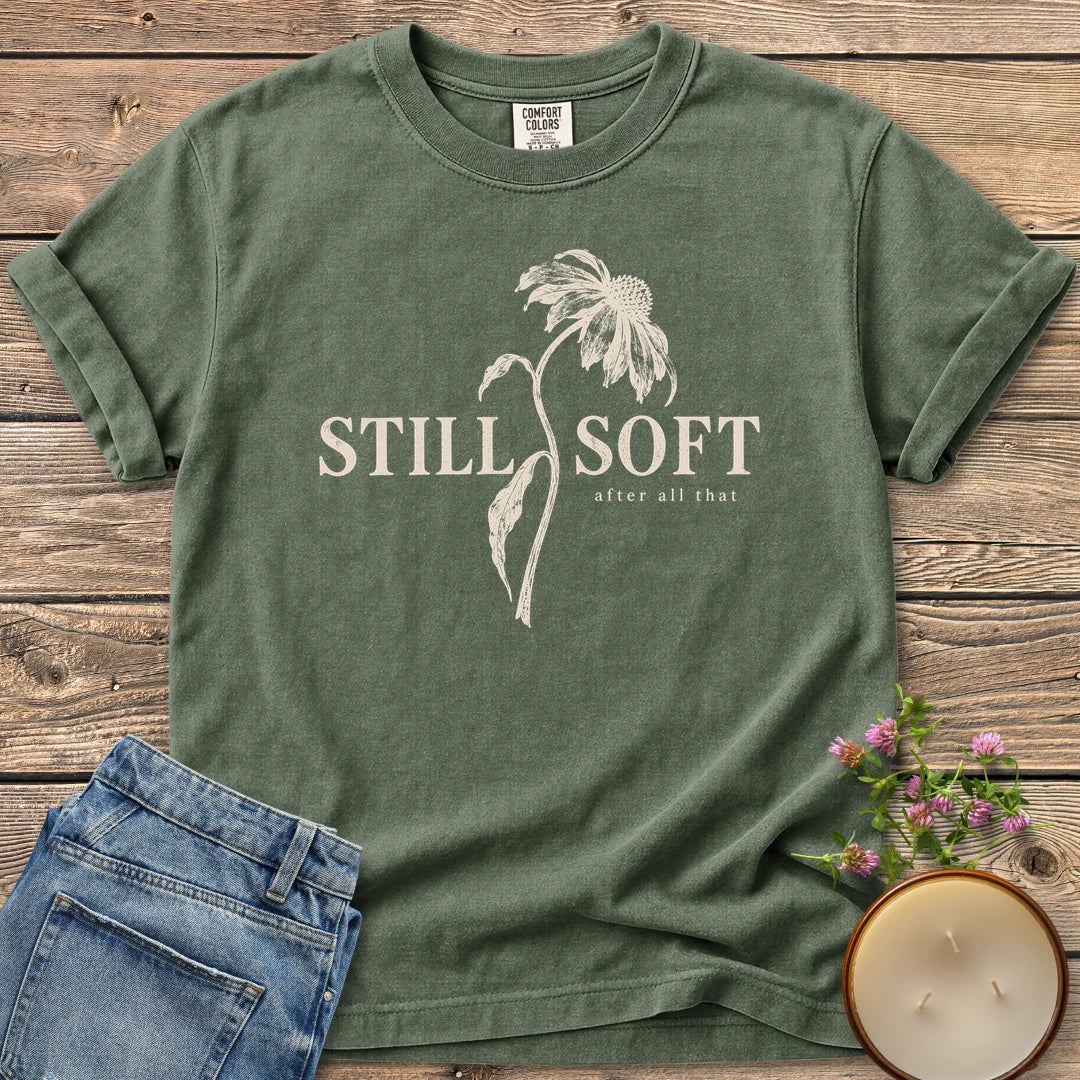 Soft After All That Botanical t-shirt, Still Soft after all that with a drooping coneflower stem, on a Moss Comfort Colors tee