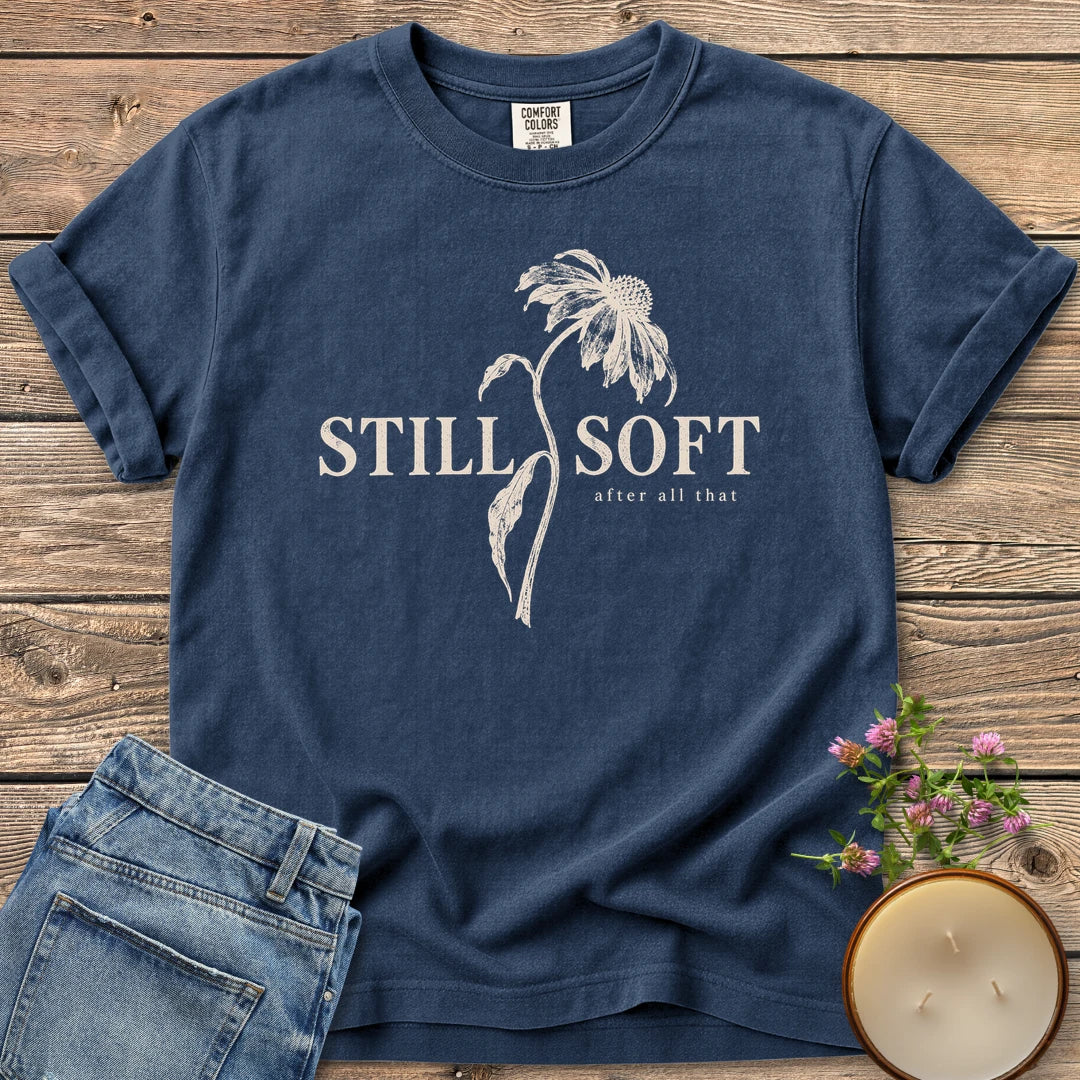 Soft After All That Botanical t-shirt, Still Soft after all that with a drooping coneflower stem, on a Navy Comfort Colors tee