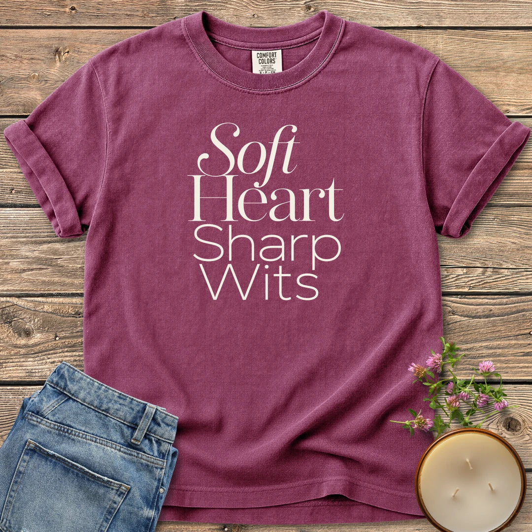 Soft Heart Sharp Wits t-shirt, Soft Heart Sharp Wits in elegant script and clean sans type, on a Berry Comfort Colors tee