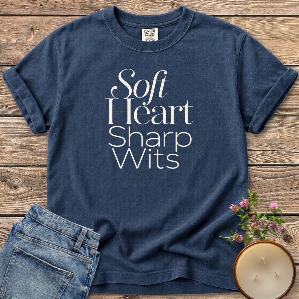 Soft Heart Sharp Wits t-shirt, Soft Heart Sharp Wits in elegant script and clean sans type, on a Navy Comfort Colors tee