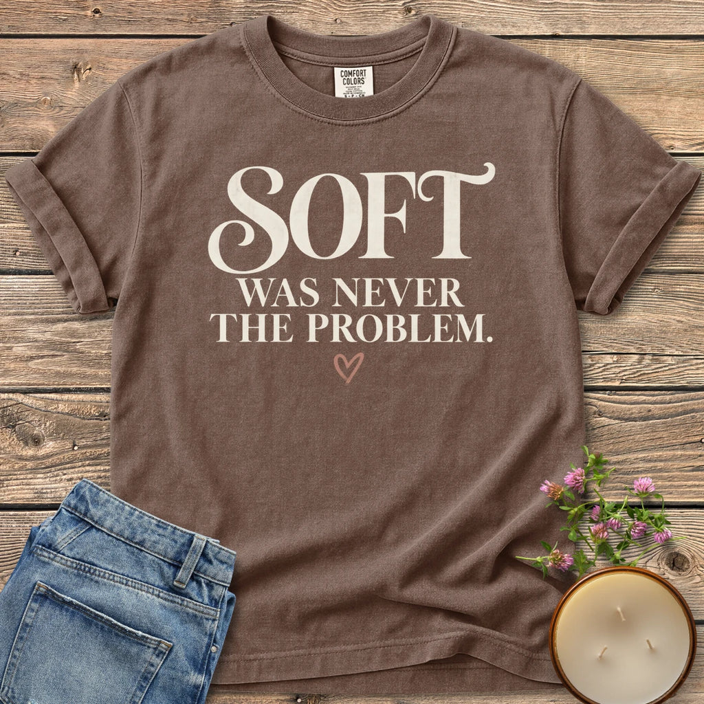 Soft Was Never The Problem t-shirt, Soft Was Never The Problem in bold vintage serif with a small heart, on an Espresso Comfort Colors tee