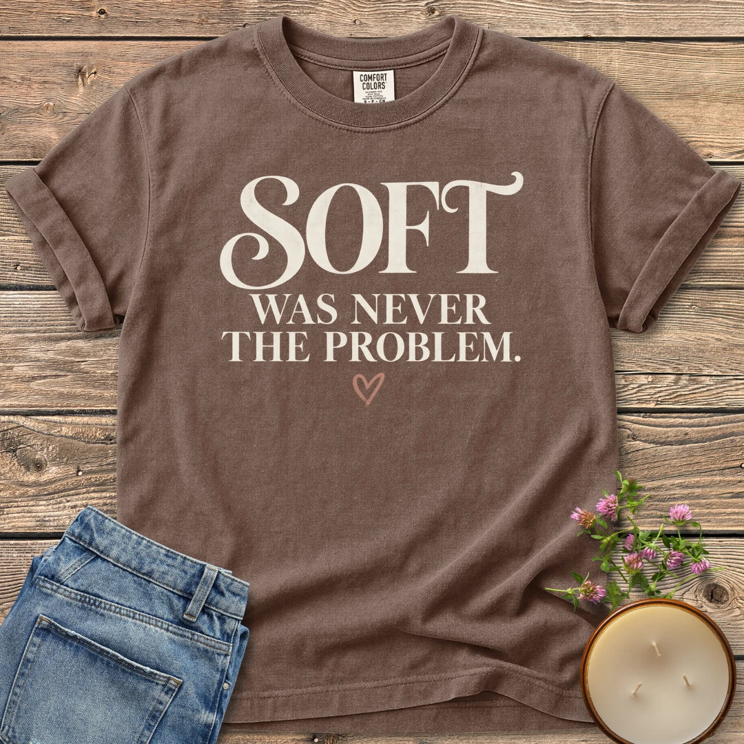 Soft Was Never The Problem t-shirt, Soft Was Never The Problem in bold vintage serif with a small heart, on an Espresso Comfort Colors tee